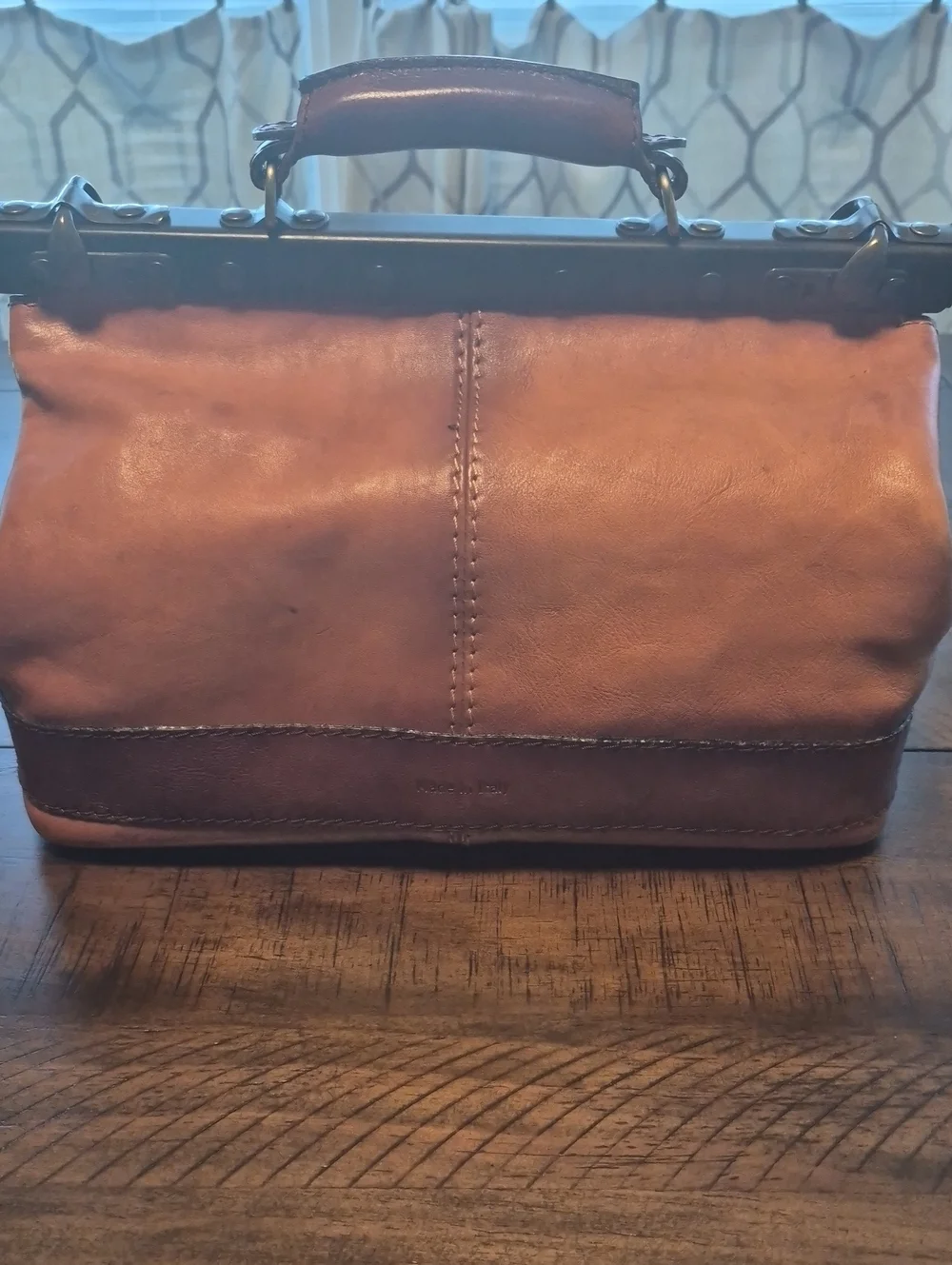 Two-Tone Brown Leather Satchel with Top Handle